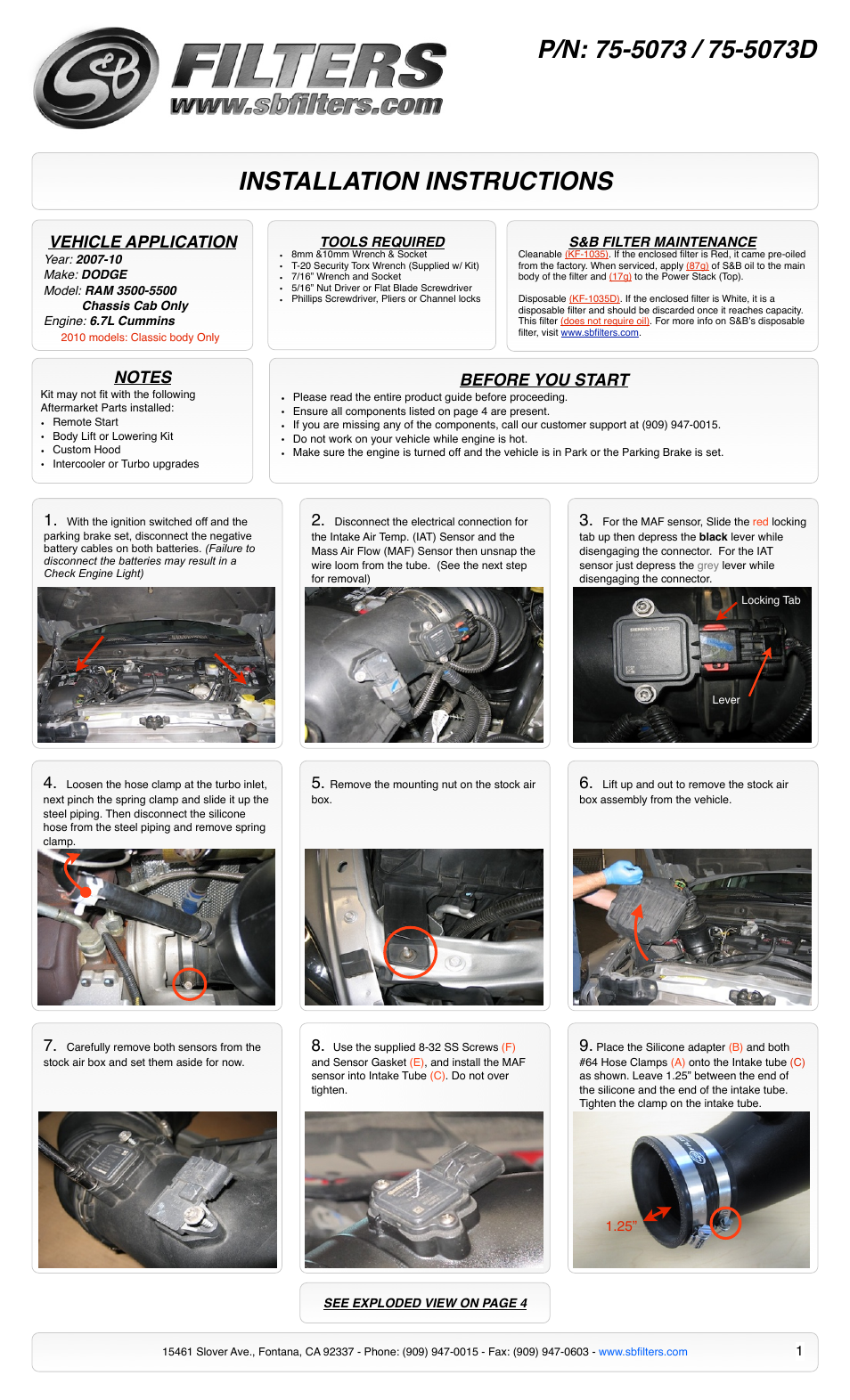 S&B Filters Cold Air Intake Kit - Cotton Filter 75-5073 User Manual | 4 pages