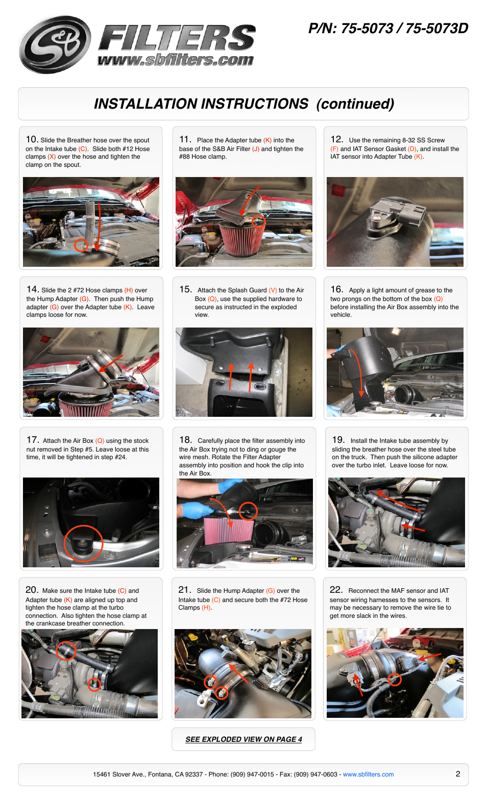 Installation instructions (continued) | S&B Filters Cold Air Intake Kit - Cotton Filter 75-5073 User Manual | Page 2 / 4