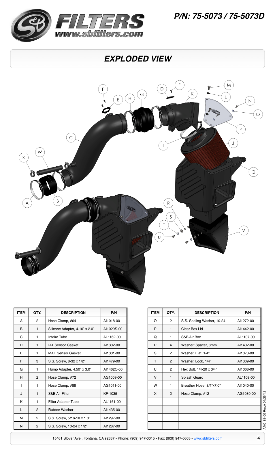 Exploded view | S&B Filters Cold Air Intake Kit - Cotton Filter 75-5073 User Manual | Page 4 / 4