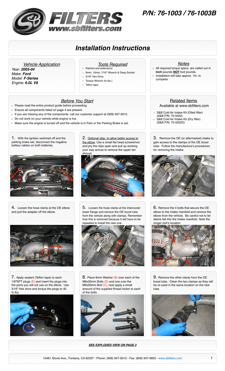 S&B Filters Intake Elbow 76-1003B User Manual | 3 pages