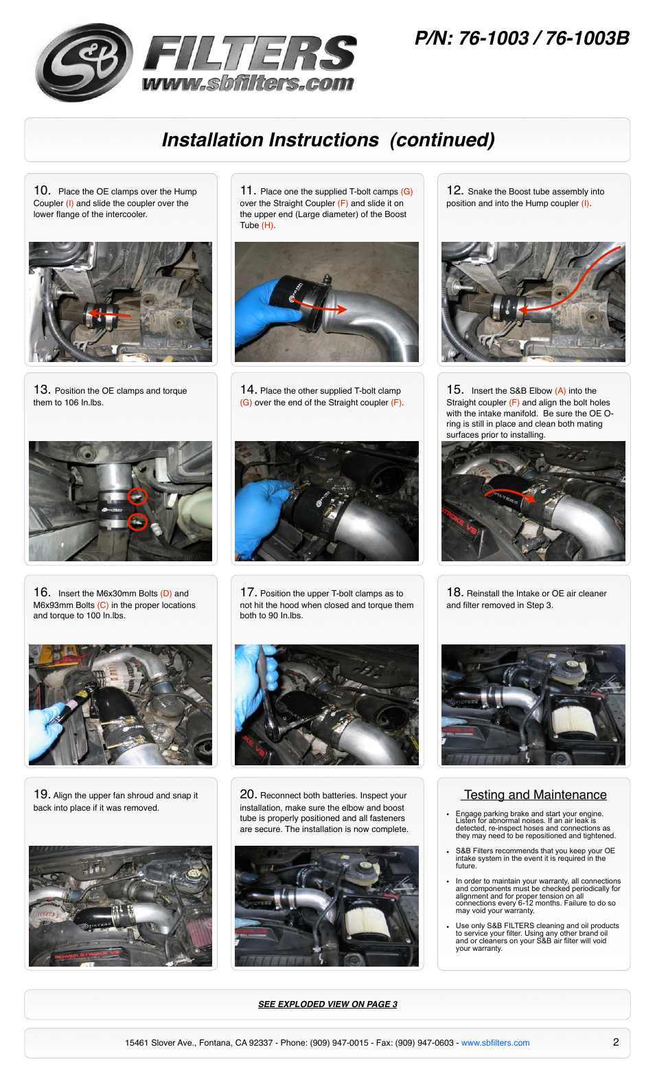 Installation instructions (continued), Testing and maintenance | S&B Filters Intake Elbow 76-1003B User Manual | Page 2 / 3