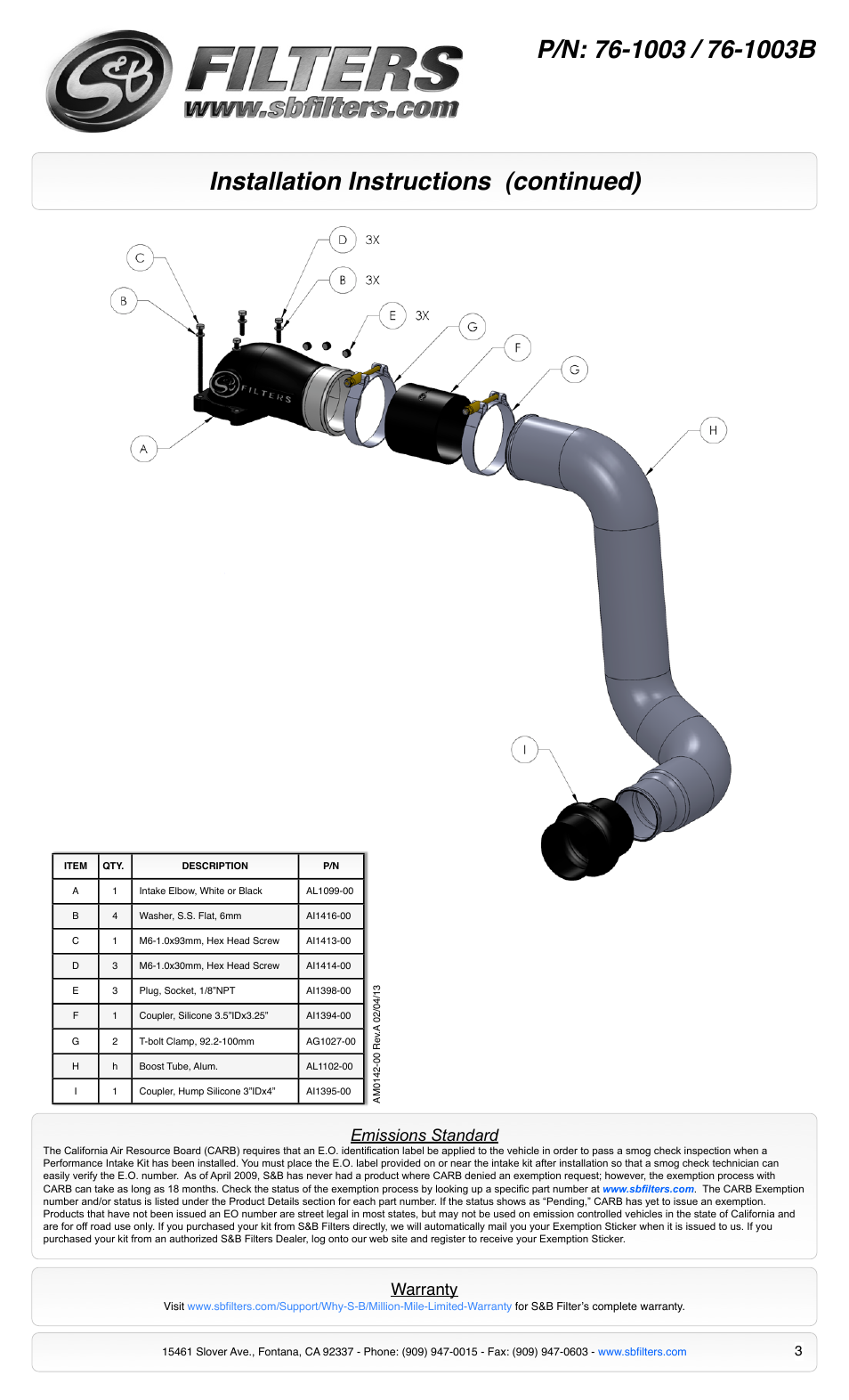 Installation instructions (continued), Warranty, Emissions standard | S&B Filters Intake Elbow 76-1003B User Manual | Page 3 / 3