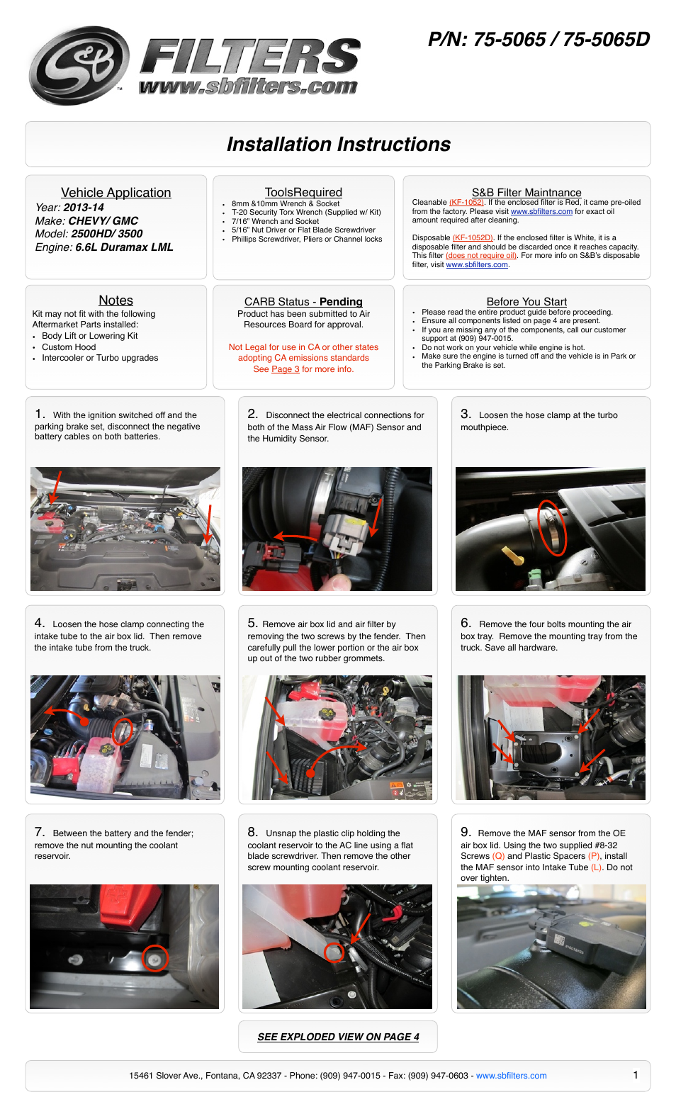 S&B Filters Cold Air Intake Kit - Cotton Filter 75-5065 User Manual | 4 pages