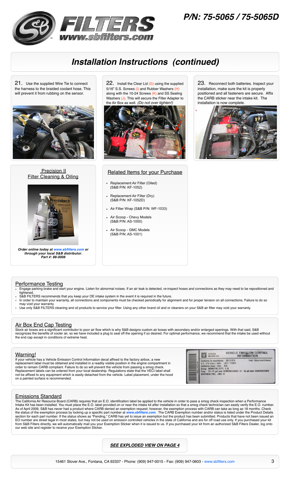 Installation instructions (continued), Related items for your purchase, Air box end cap testing | Emissions standard, Warning, Performance testing | S&B Filters Cold Air Intake Kit - Cotton Filter 75-5065 User Manual | Page 3 / 4