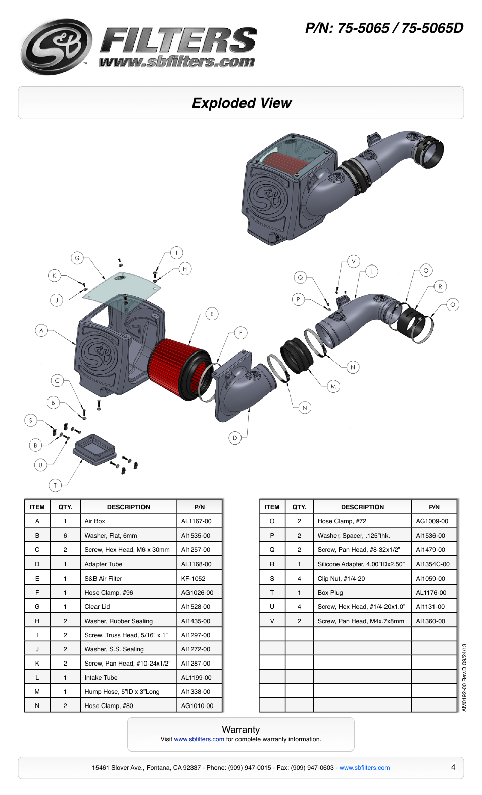 Exploded view, Warranty | S&B Filters Cold Air Intake Kit - Cotton Filter 75-5065 User Manual | Page 4 / 4