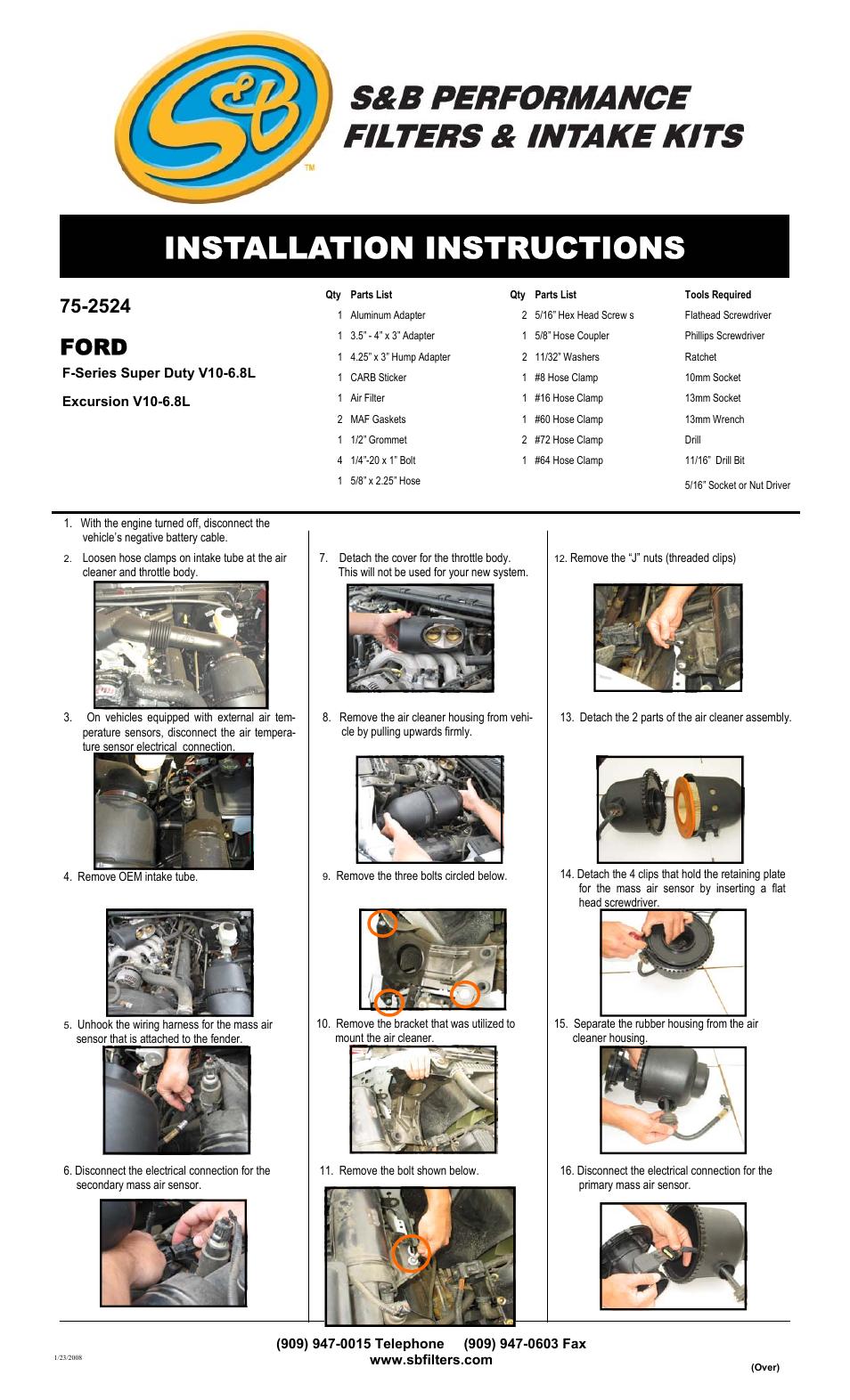 S&B Filters Cold Air Intake Kit - Cotton Filter 75-2524 User Manual | 2 pages