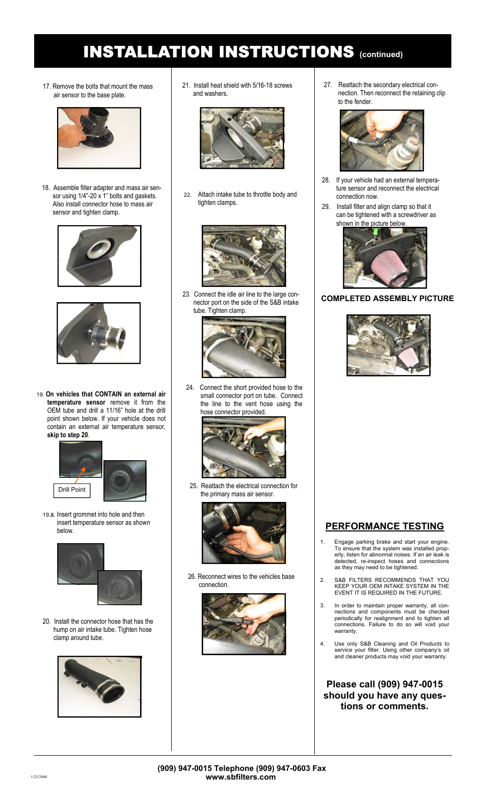 Installation instructions, Performance testing | S&B Filters Cold Air Intake Kit - Cotton Filter 75-2524 User Manual | Page 2 / 2