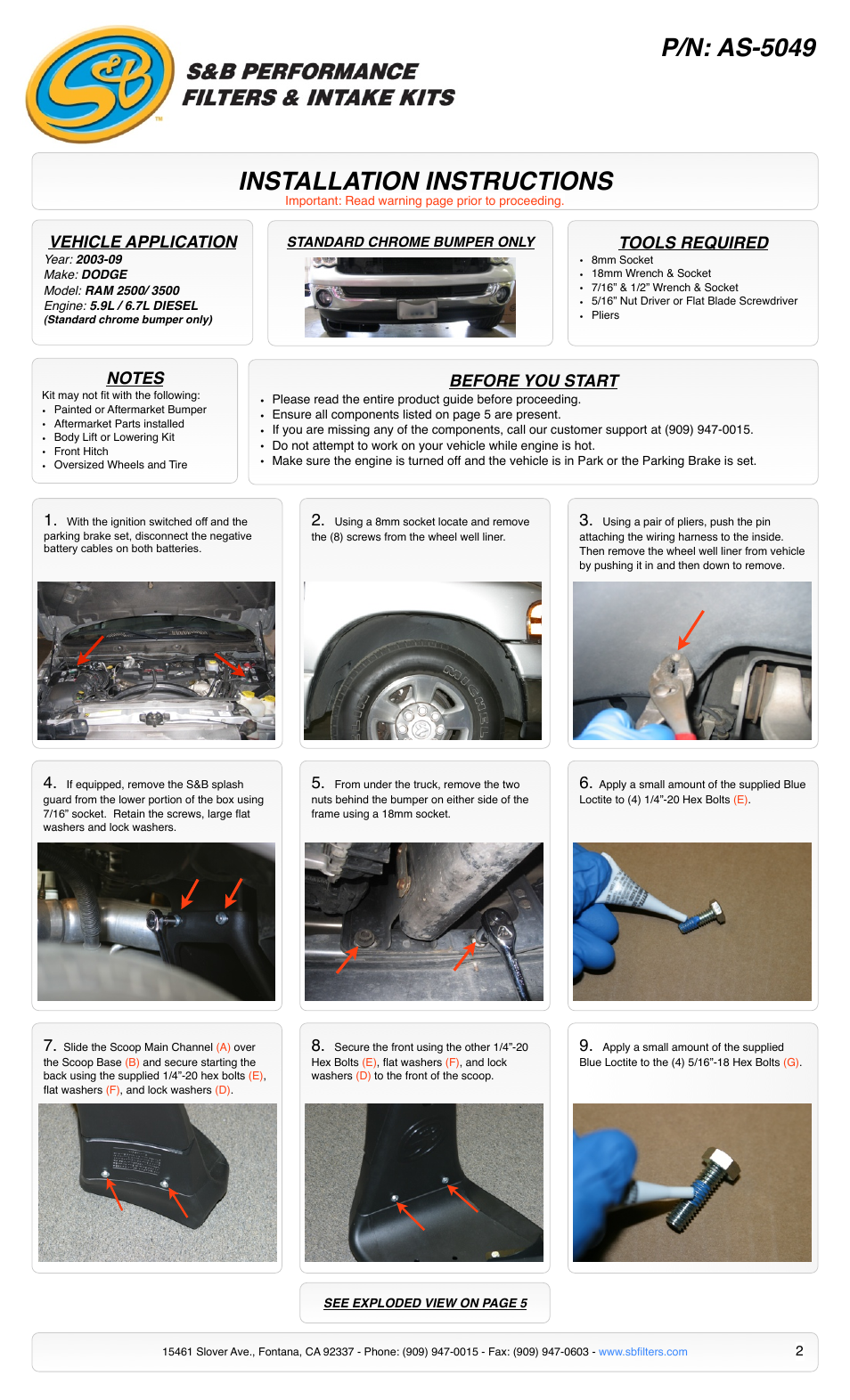 Installation instructions, P/n: as-5049, Vehicle application | Tools required, Before you start | S&B Filters Cold Air Intake Scoop AS-5049 User Manual | Page 2 / 5