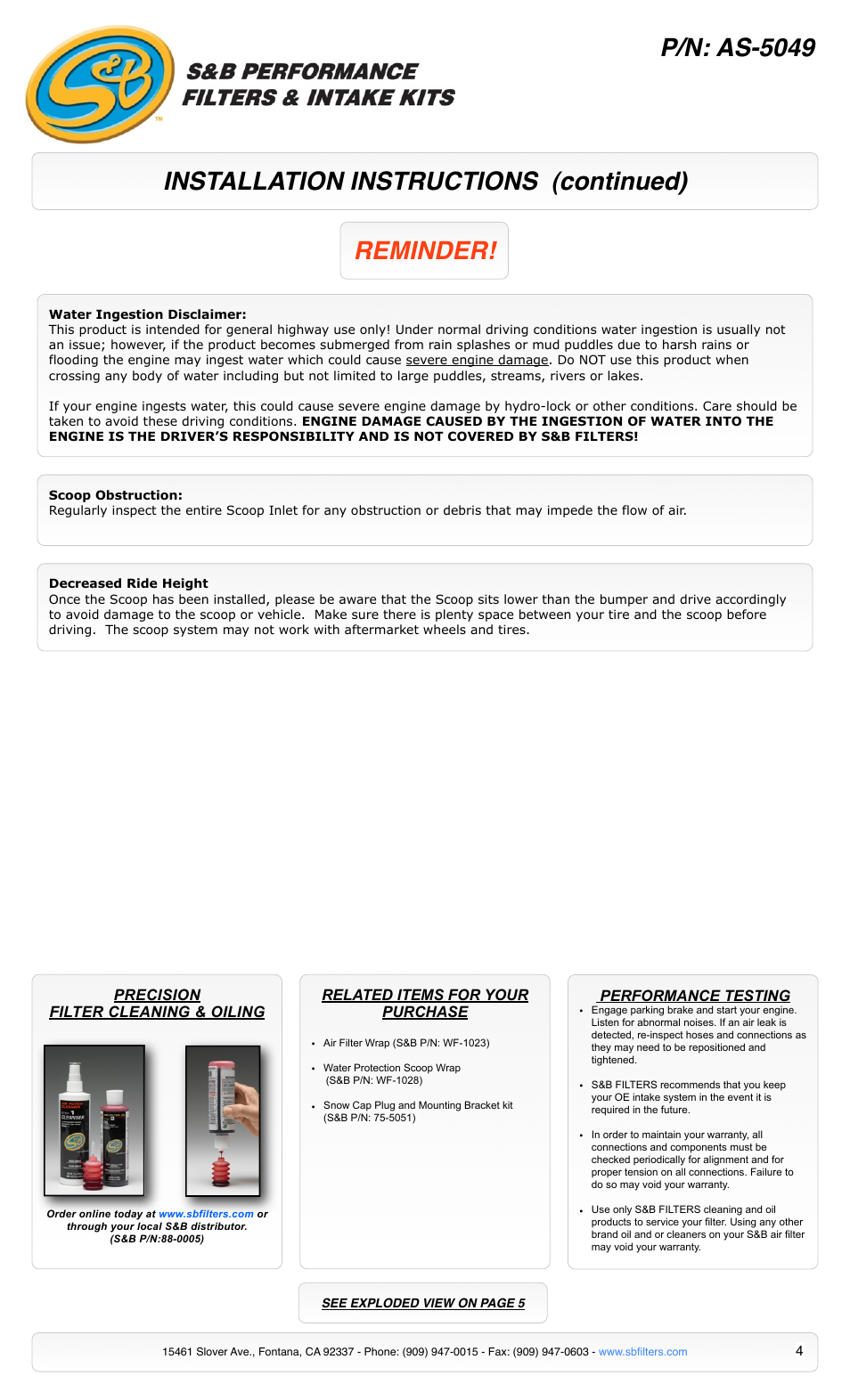 Installation instructions (continued) p/n: as-5049, Reminder | S&B Filters Cold Air Intake Scoop AS-5049 User Manual | Page 4 / 5