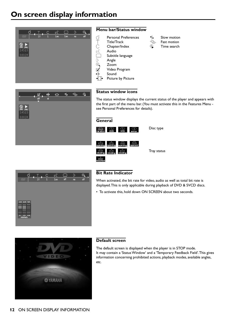 On screen display information, Temporary feedback field icons | Yamaha DVD-S510 User Manual | Page 12 / 36