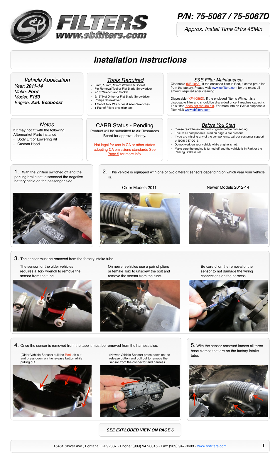 S&B Filters Cold Air Intake Kit - Cotton Filter 75-5067D User Manual | 6 pages