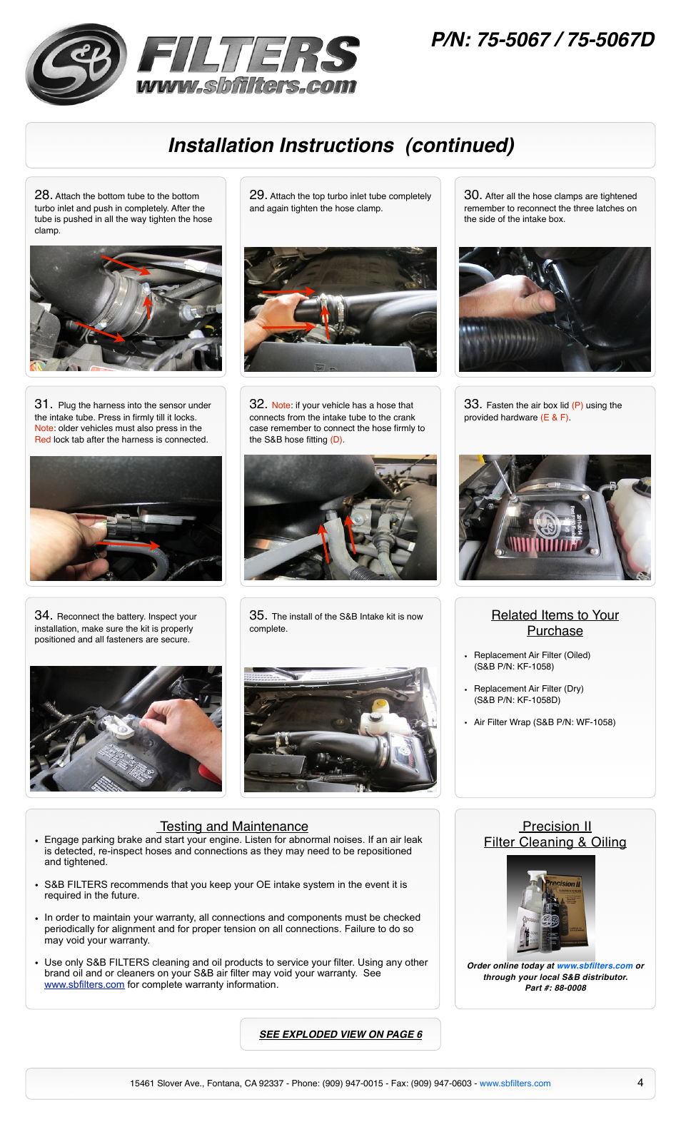 Installation instructions (continued), Related items to your purchase, Precision ii filter cleaning & oiling | Testing and maintenance | S&B Filters Cold Air Intake Kit - Cotton Filter 75-5067D User Manual | Page 4 / 6