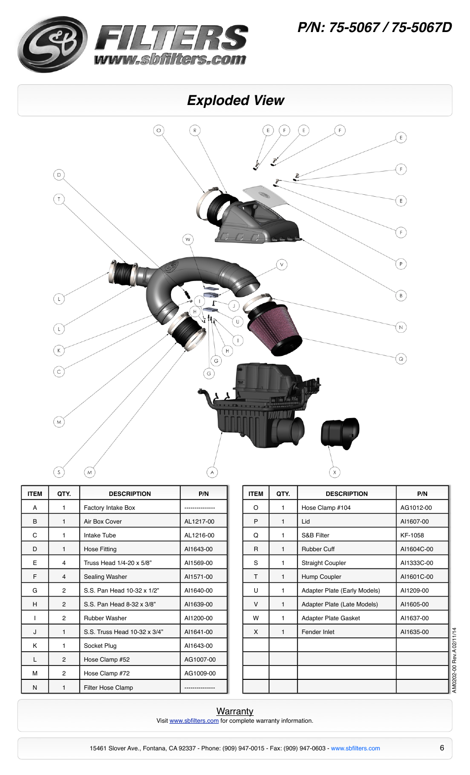 Exploded view, Warranty | S&B Filters Cold Air Intake Kit - Cotton Filter 75-5067D User Manual | Page 6 / 6