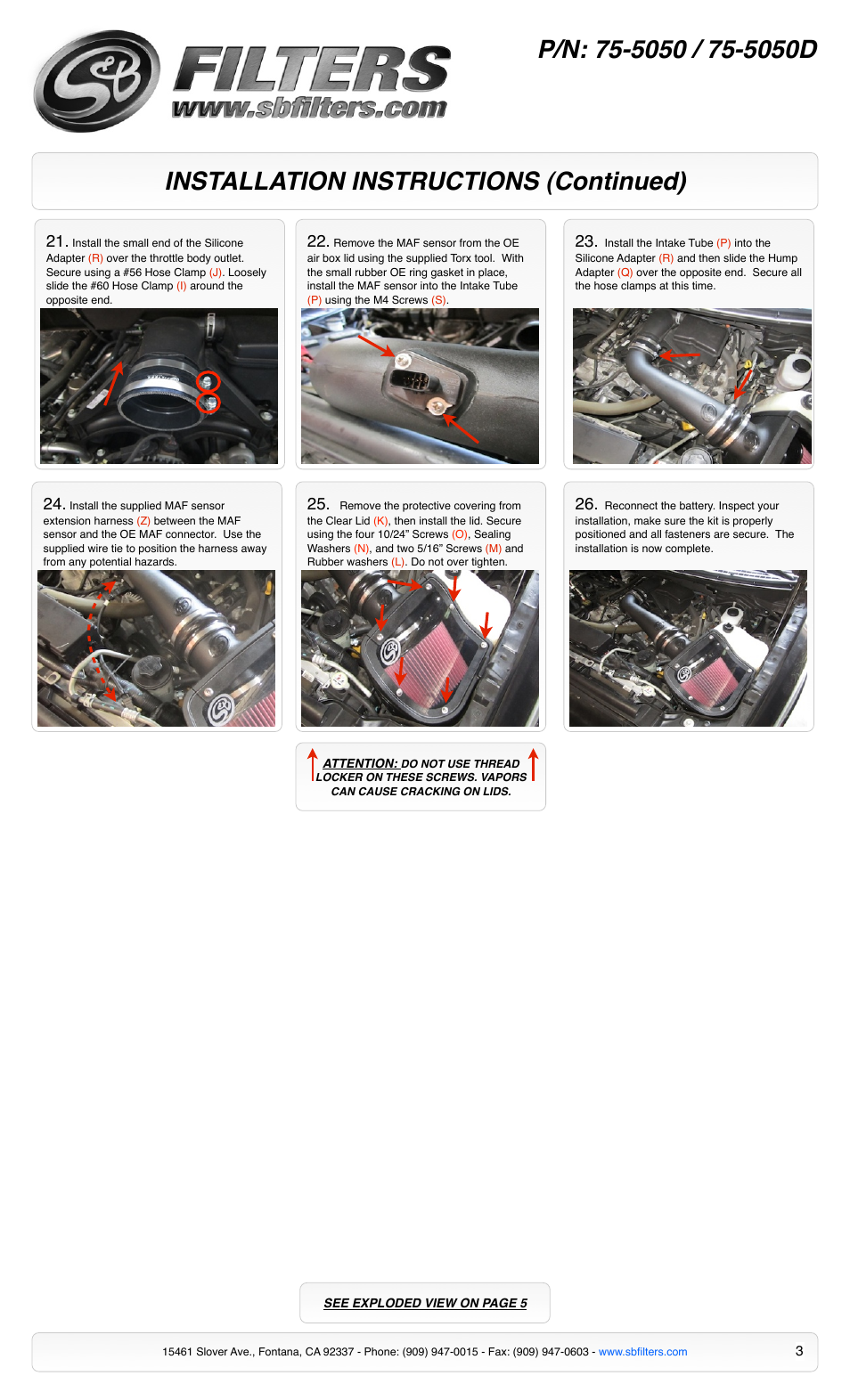 Installation instructions (continued) | S&B Filters Cold Air Intake Kit - Cotton Filter 75-5050 User Manual | Page 3 / 5