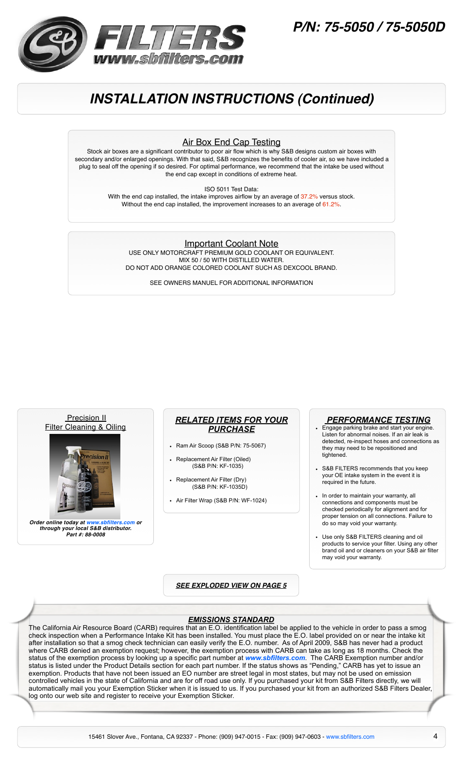 Installation instructions (continued), Air box end cap testing, Performance testing | Related items for your purchase | S&B Filters Cold Air Intake Kit - Cotton Filter 75-5050 User Manual | Page 4 / 5