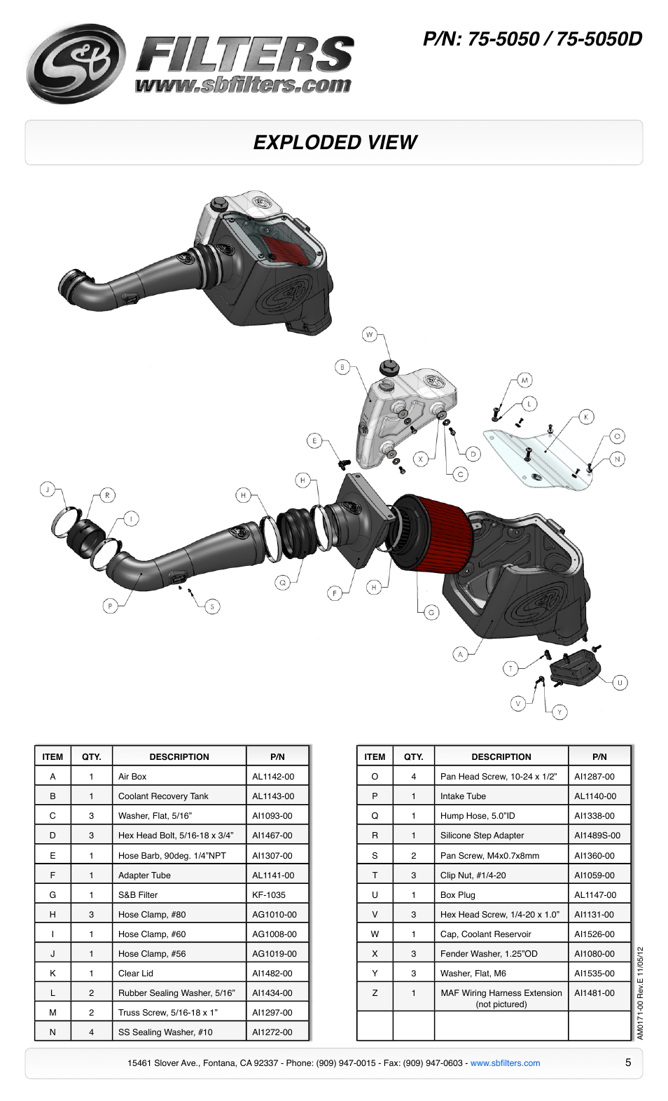 Exploded view | S&B Filters Cold Air Intake Kit - Cotton Filter 75-5050 User Manual | Page 5 / 5