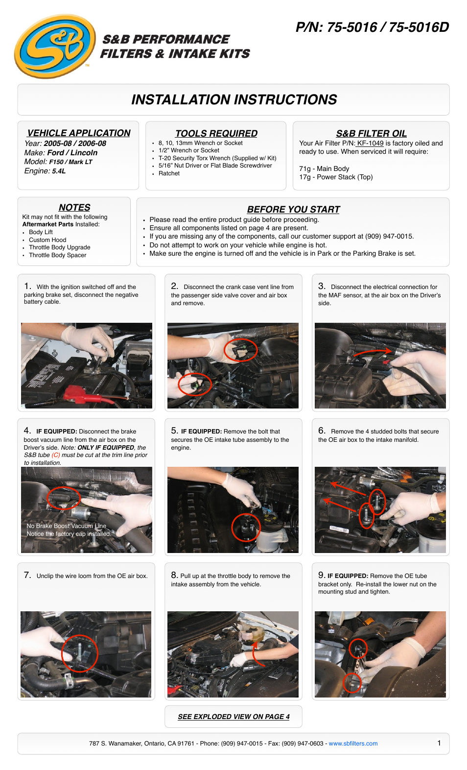 S&B Filters Cold Air Intake Kit - Cotton Filter 75-5016 User Manual | 4 pages