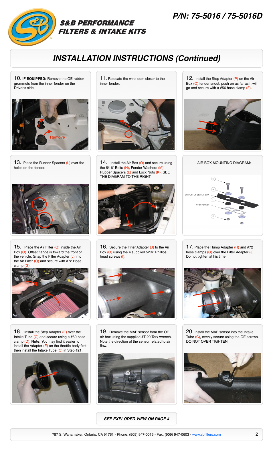 Installation instructions (continued) | S&B Filters Cold Air Intake Kit - Cotton Filter 75-5016 User Manual | Page 2 / 4