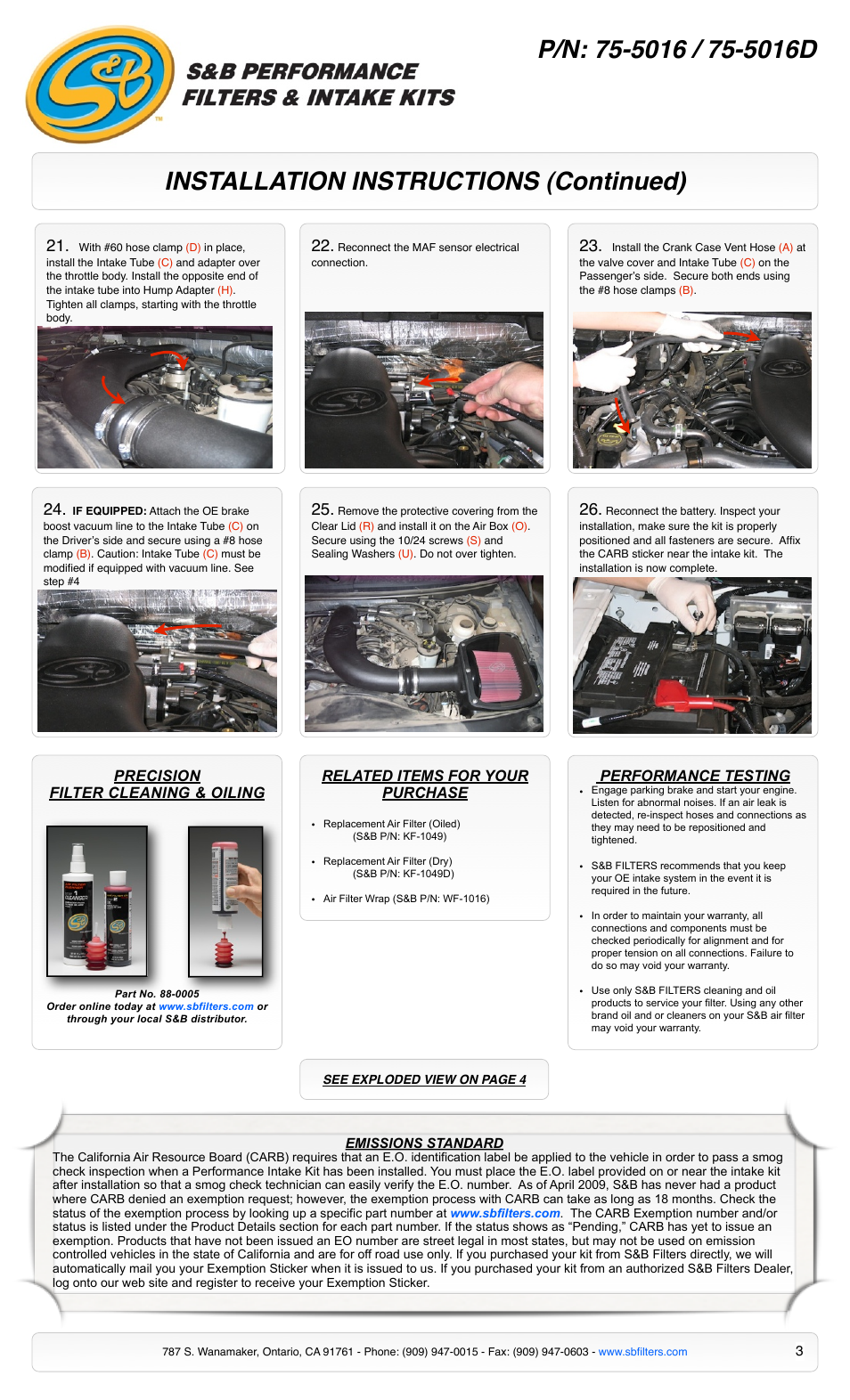 Installation instructions (continued), Performance testing, Precision filter cleaning & oiling | Related items for your purchase | S&B Filters Cold Air Intake Kit - Cotton Filter 75-5016 User Manual | Page 3 / 4