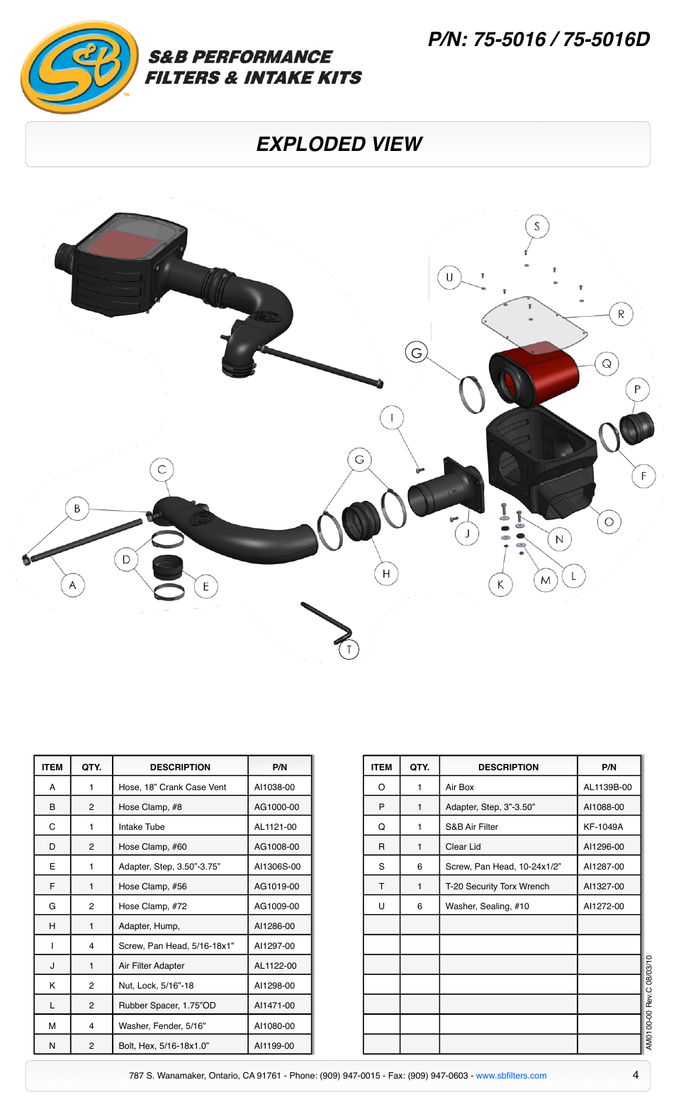 Exploded view | S&B Filters Cold Air Intake Kit - Cotton Filter 75-5016 User Manual | Page 4 / 4