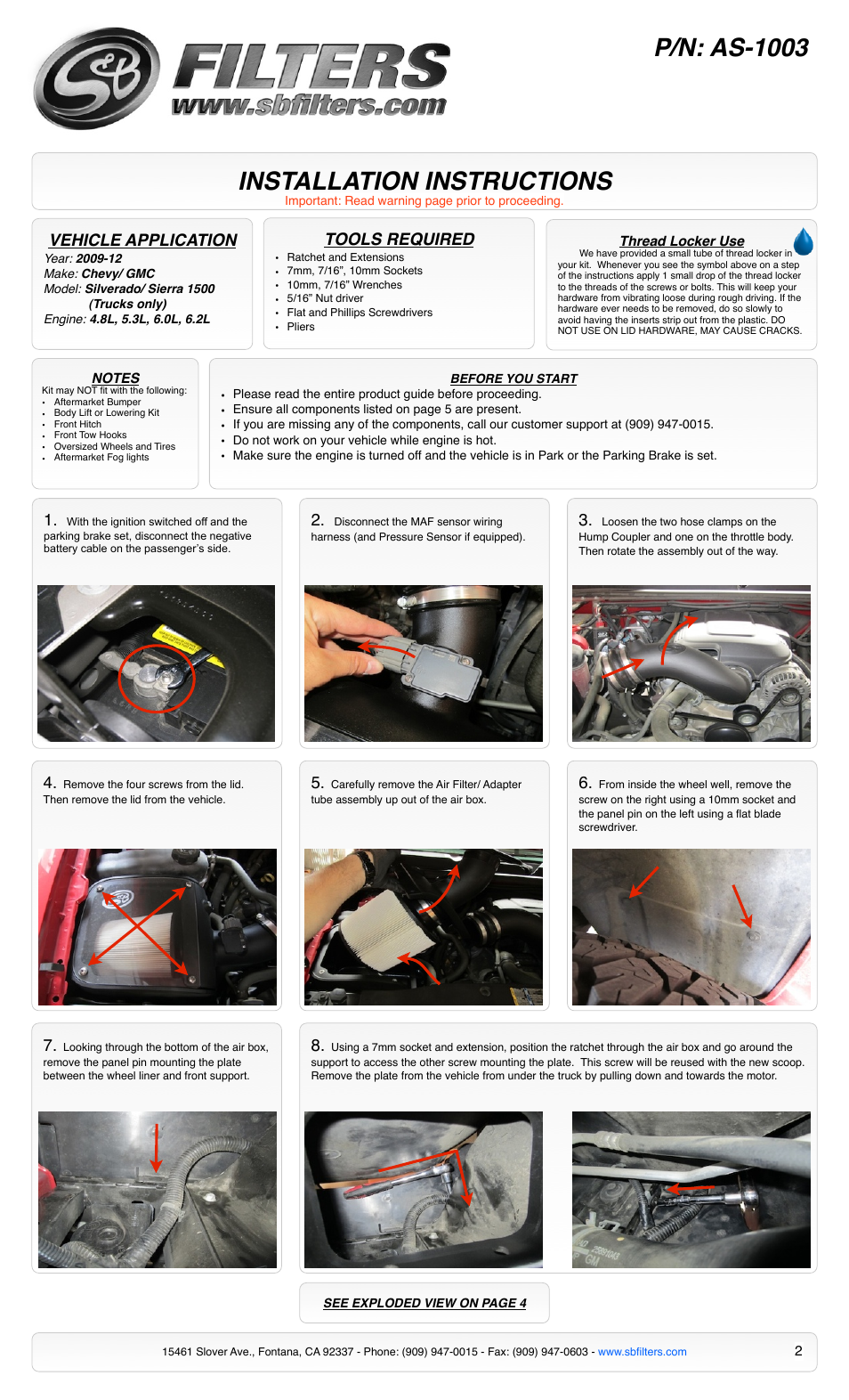 Installation instructions, P/n: as-1003, Vehicle application | Tools required | S&B Filters Cold Air Intake Scoop AS-1003 User Manual | Page 2 / 5