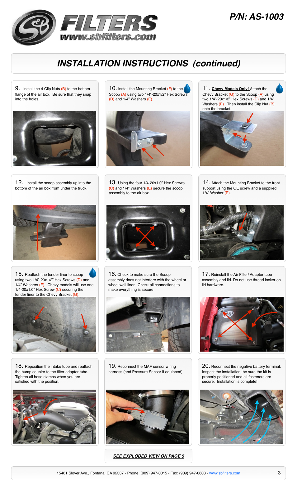 Installation instructions (continued) p/n: as-1003 | S&B Filters Cold Air Intake Scoop AS-1003 User Manual | Page 3 / 5