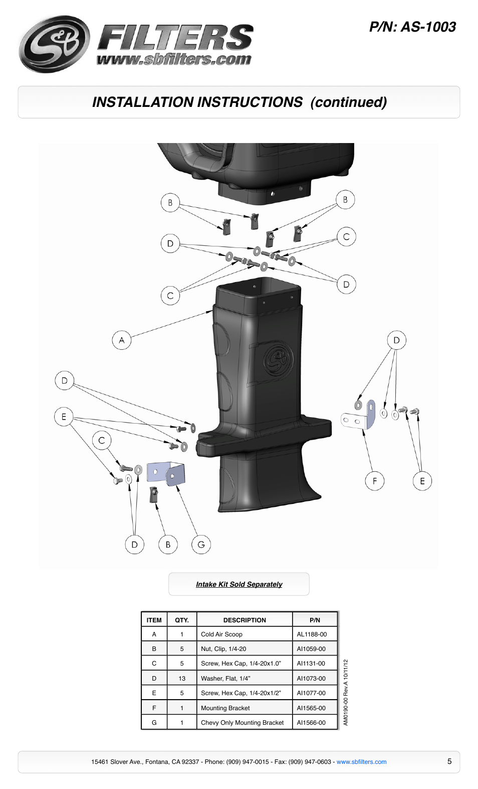 Installation instructions (continued) p/n: as-1003 | S&B Filters Cold Air Intake Scoop AS-1003 User Manual | Page 5 / 5