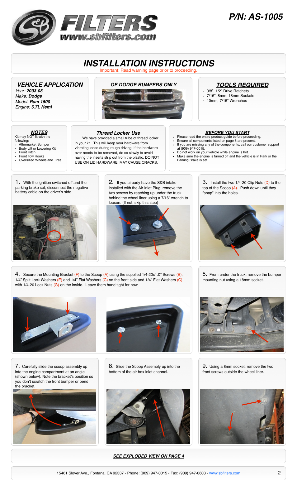 Installation instructions, P/n: as-1005, Vehicle application | Tools required | S&B Filters Cold Air Intake Scoop AS-1005 User Manual | Page 2 / 4