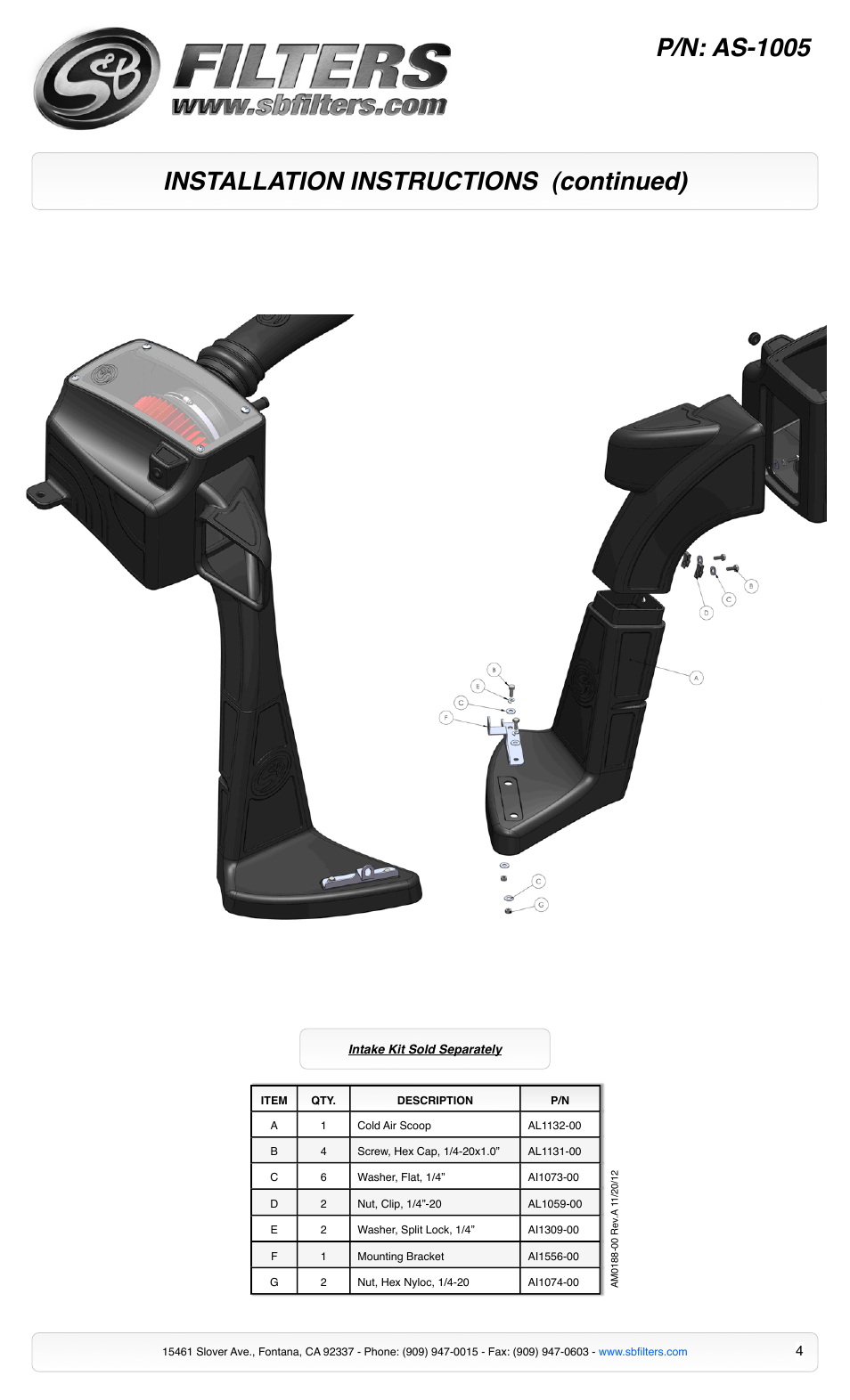 Installation instructions (continued) p/n: as-1005 | S&B Filters Cold Air Intake Scoop AS-1005 User Manual | Page 4 / 4