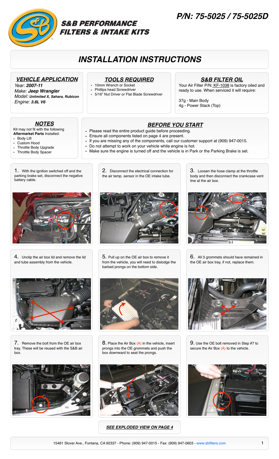 S&B Filters Cold Air Intake Kit - Cotton Filter 75-5025 User Manual | 4 pages