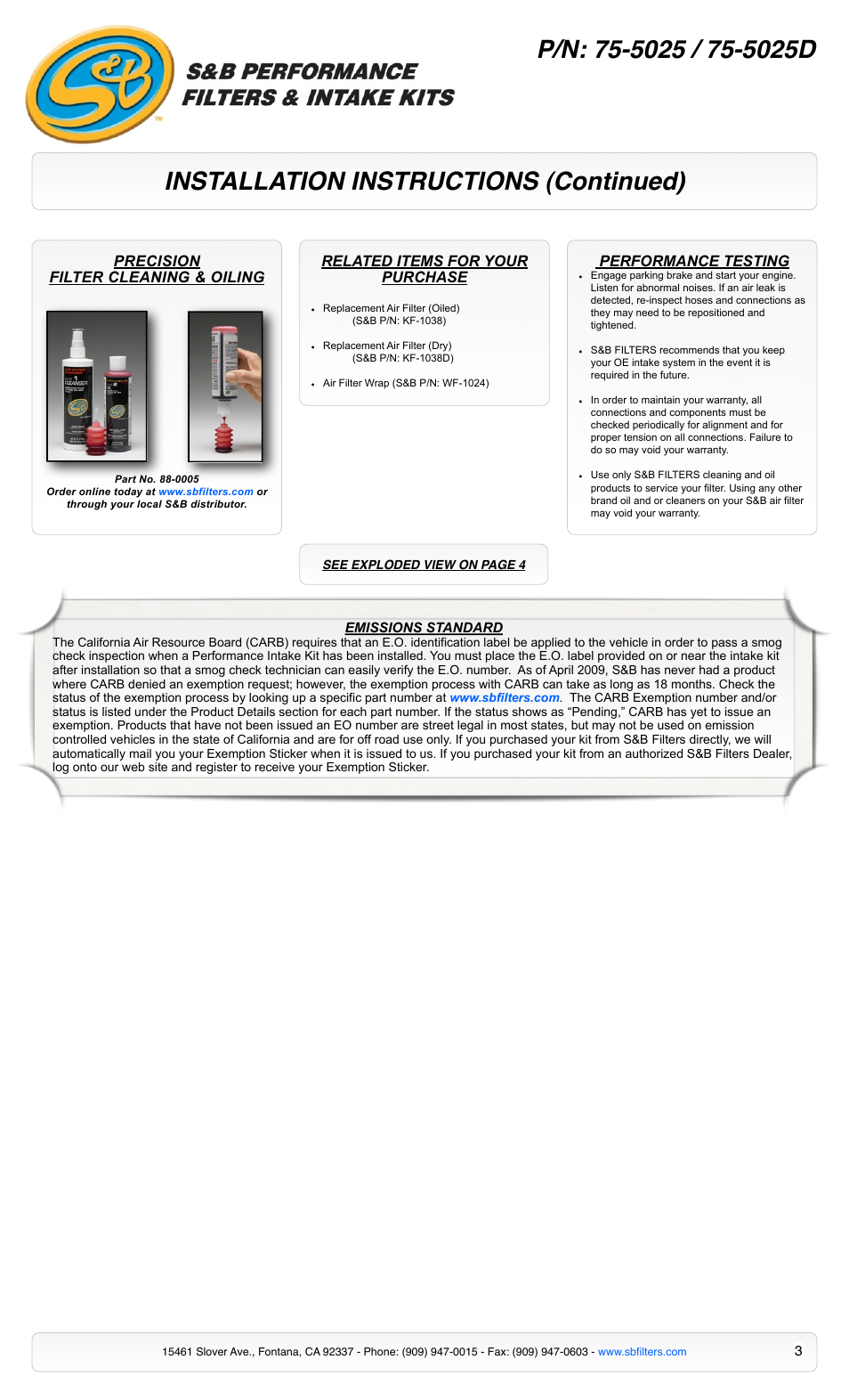 Installation instructions (continued), Performance testing, Precision filter cleaning & oiling | Related items for your purchase | S&B Filters Cold Air Intake Kit - Cotton Filter 75-5025 User Manual | Page 3 / 4