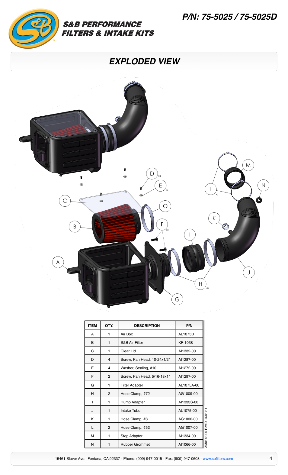 Exploded view | S&B Filters Cold Air Intake Kit - Cotton Filter 75-5025 User Manual | Page 4 / 4