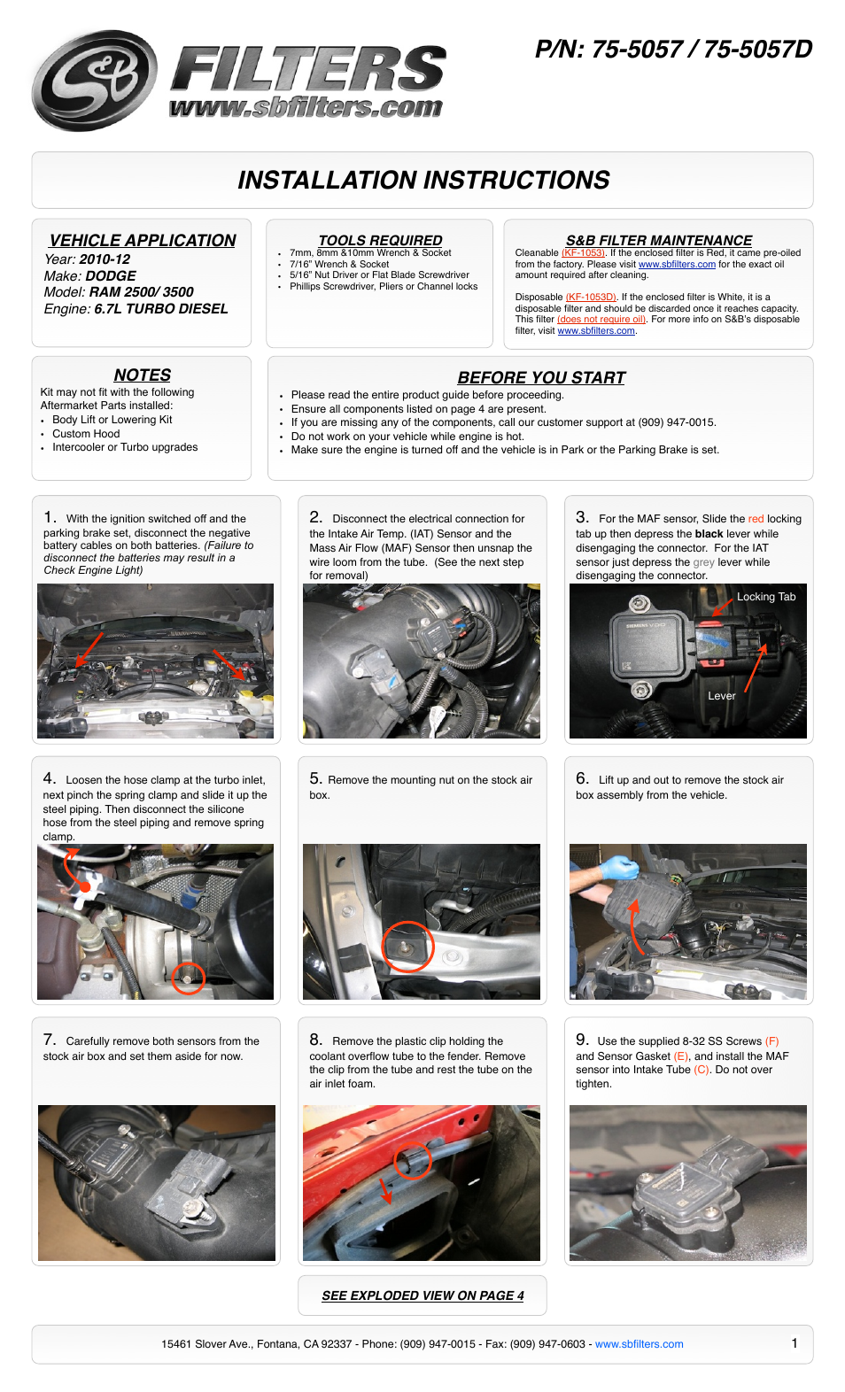 S&B Filters Cold Air Intake Kit - Cotton Filter 75-5057 User Manual | 4 pages