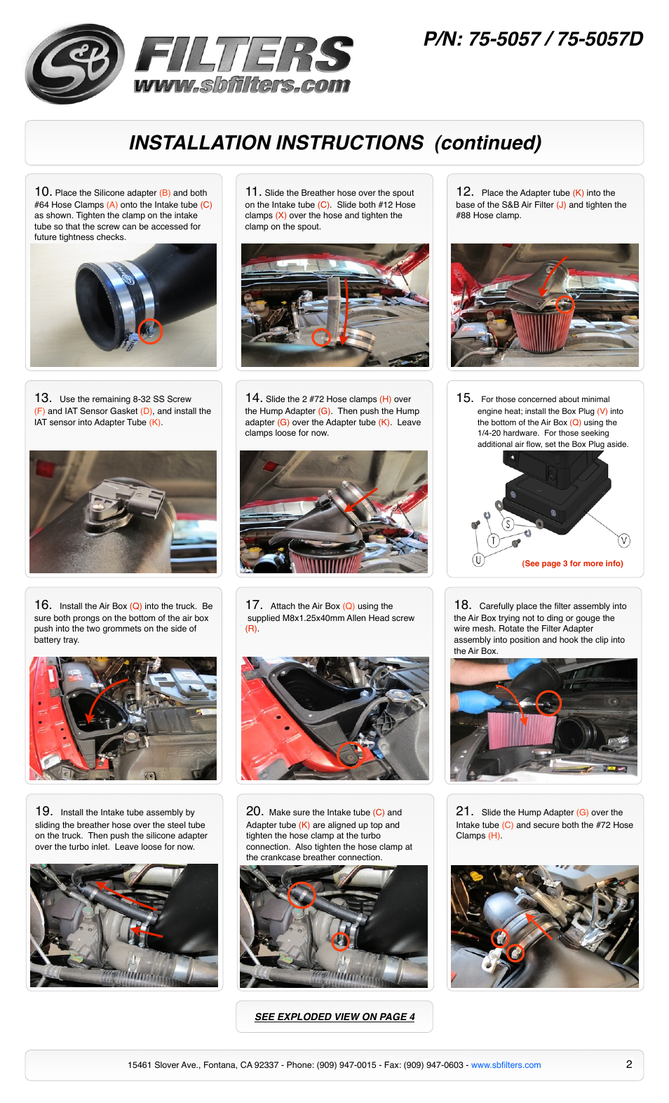 Installation instructions (continued) | S&B Filters Cold Air Intake Kit - Cotton Filter 75-5057 User Manual | Page 2 / 4
