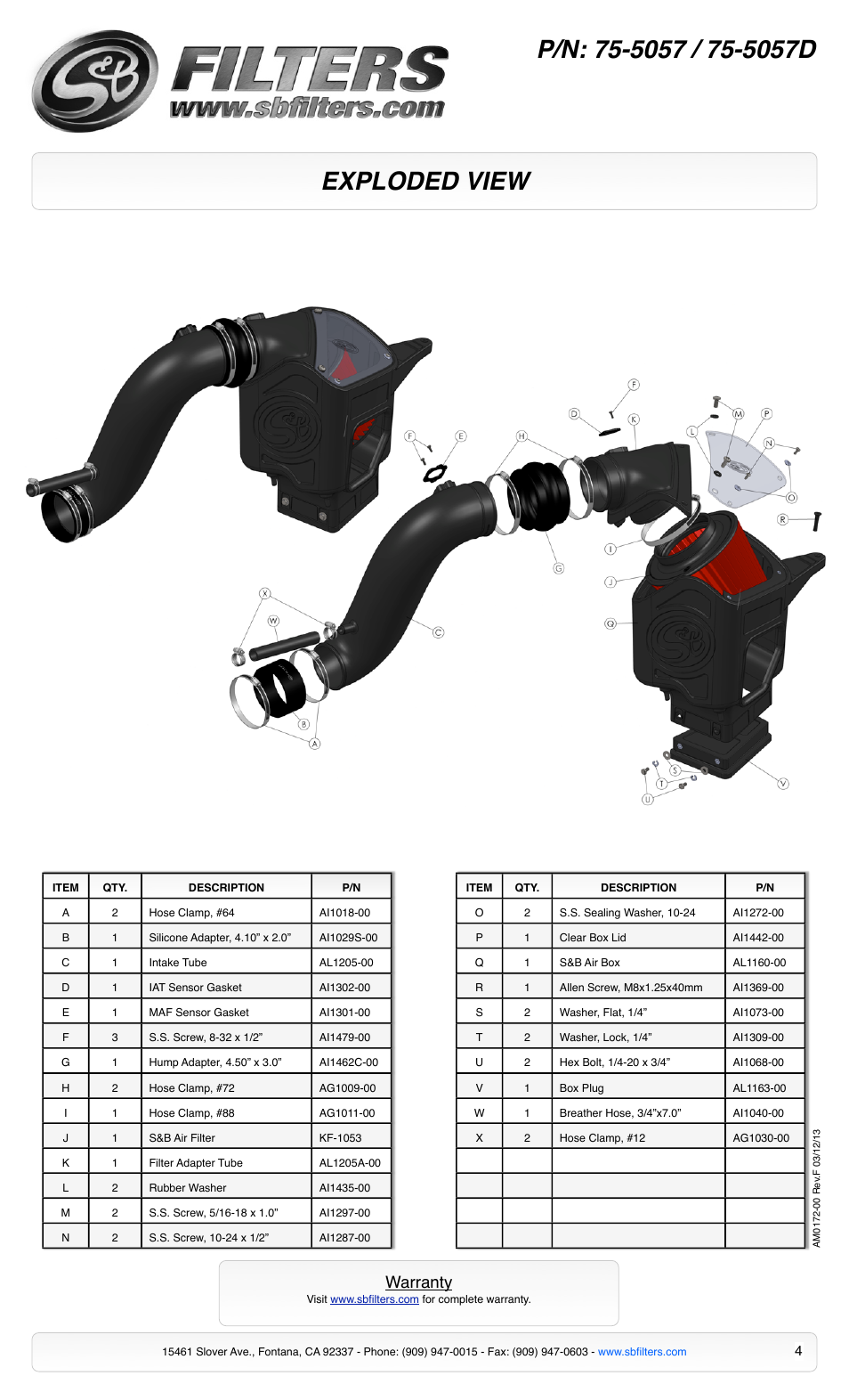 Exploded view, Warranty | S&B Filters Cold Air Intake Kit - Cotton Filter 75-5057 User Manual | Page 4 / 4