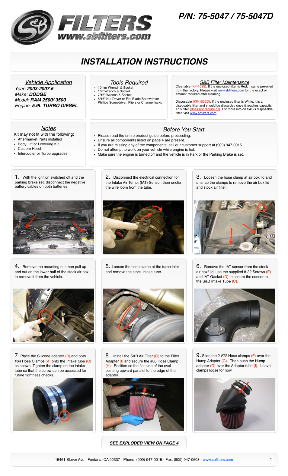 S&B Filters Cold Air Intake Kit (Cleanable Cotton Filter) 75-5047 User Manual | 4 pages