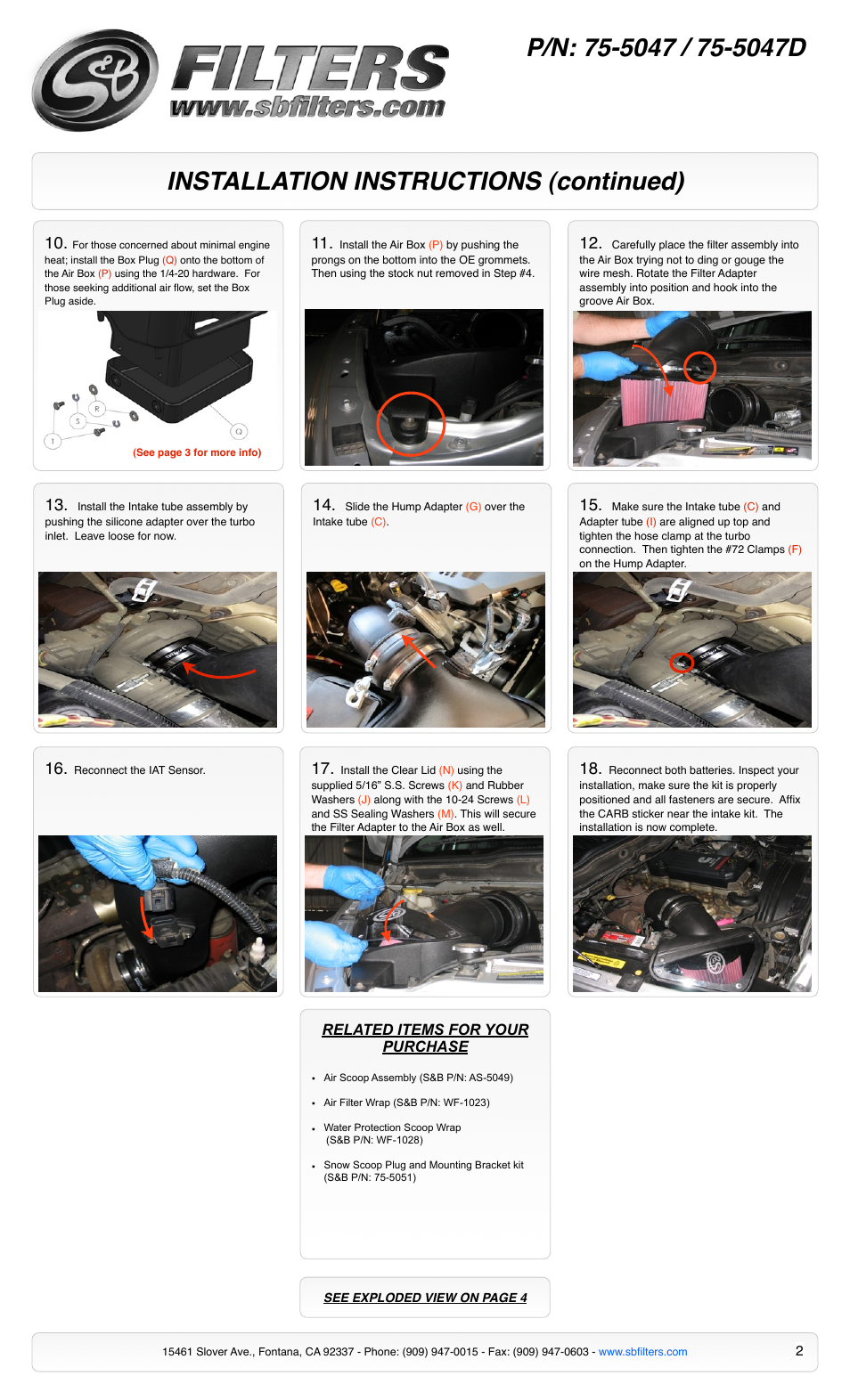 Installation instructions (continued), Related items for your purchase | S&B Filters Cold Air Intake Kit (Cleanable Cotton Filter) 75-5047 User Manual | Page 2 / 4