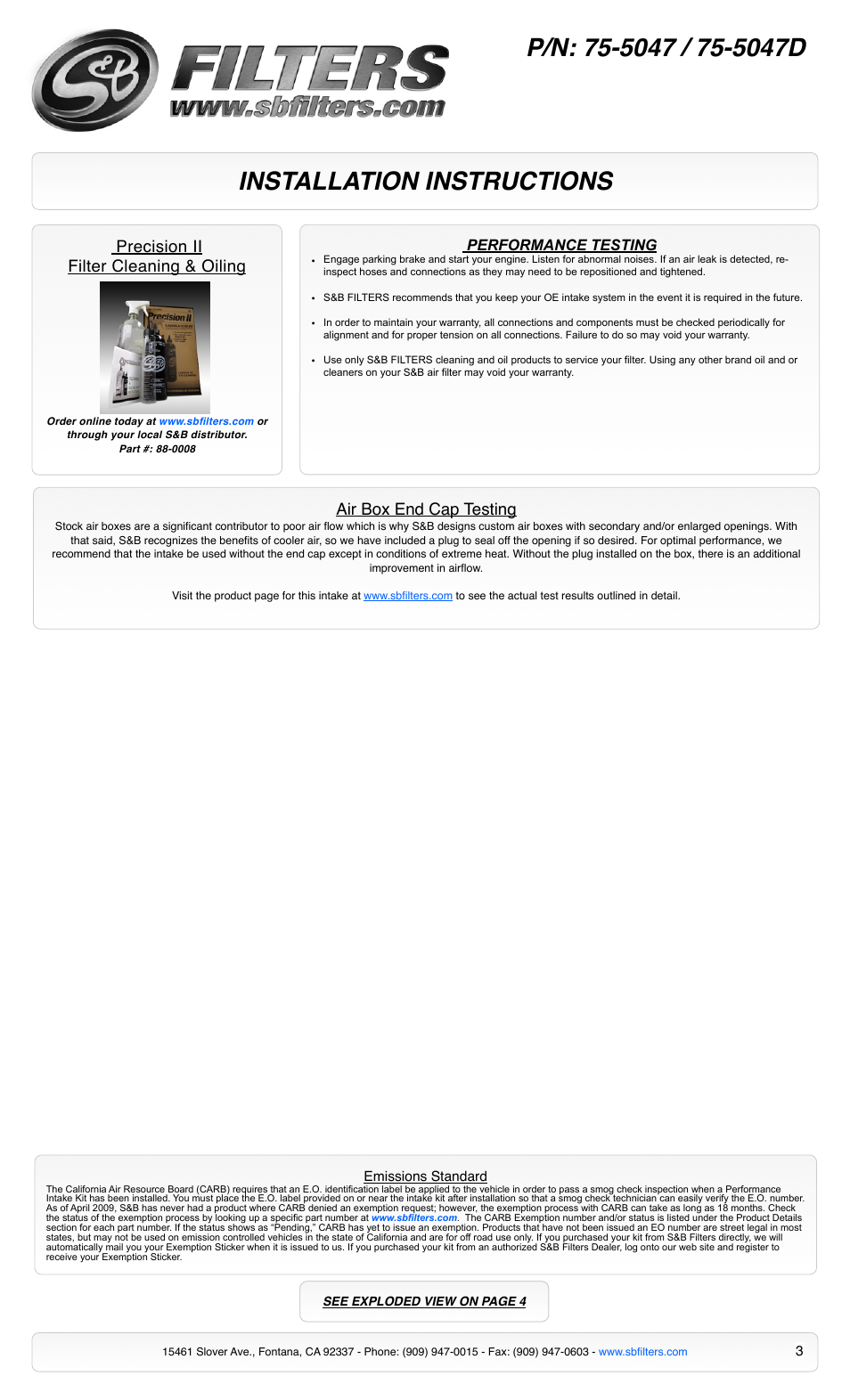 Installation instructions, Precision ii filter cleaning & oiling, Air box end cap testing | Performance testing | S&B Filters Cold Air Intake Kit (Cleanable Cotton Filter) 75-5047 User Manual | Page 3 / 4