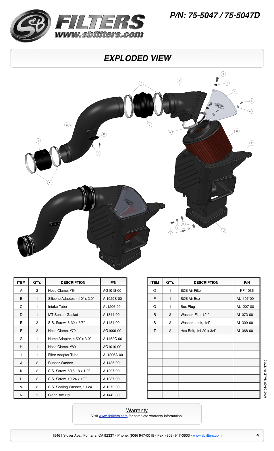 Exploded view, Warranty | S&B Filters Cold Air Intake Kit (Cleanable Cotton Filter) 75-5047 User Manual | Page 4 / 4