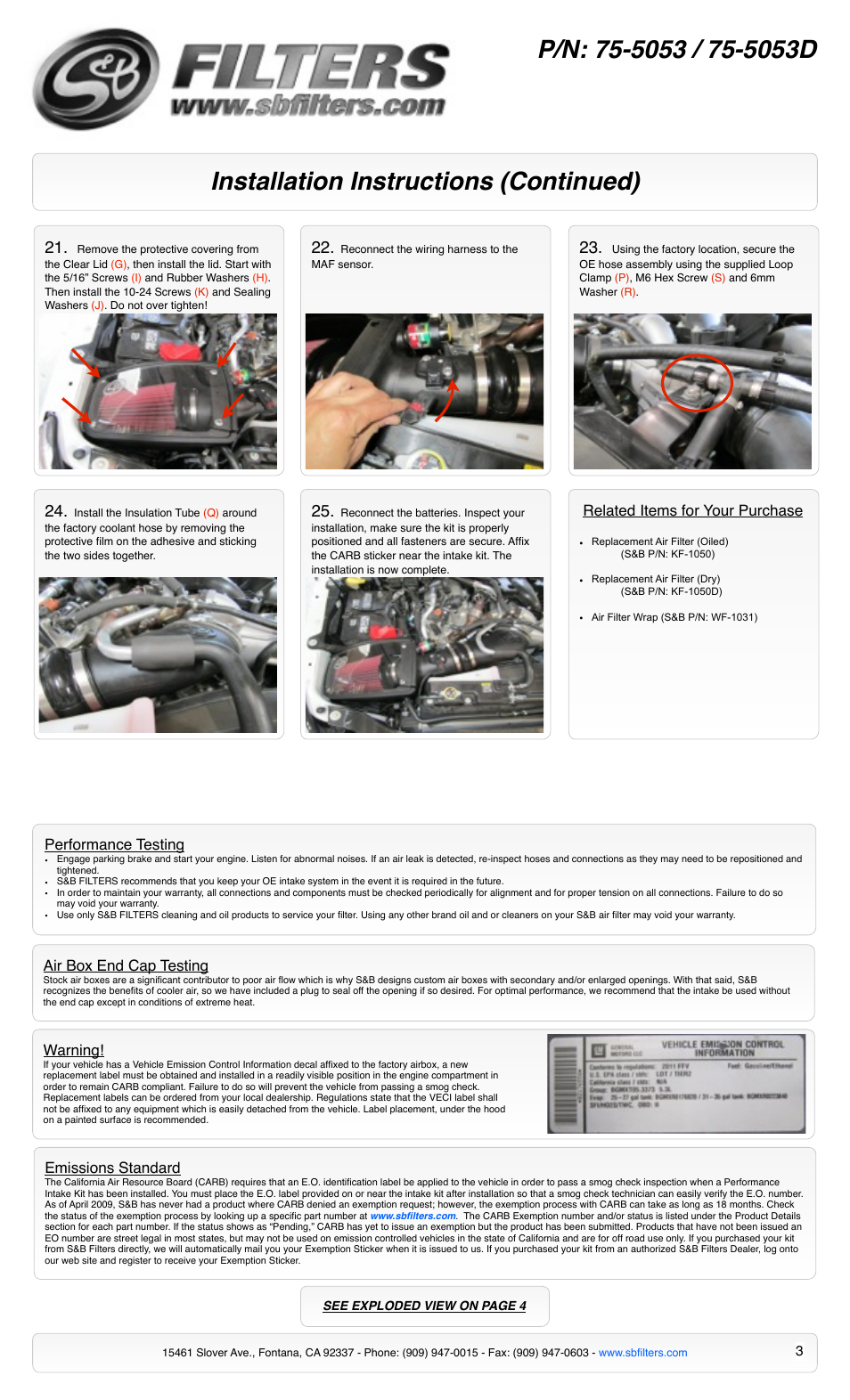 Installation instructions (continued) | S&B Filters Cold Air Intake Kit - Cotton Filter 75-5053 User Manual | Page 3 / 4