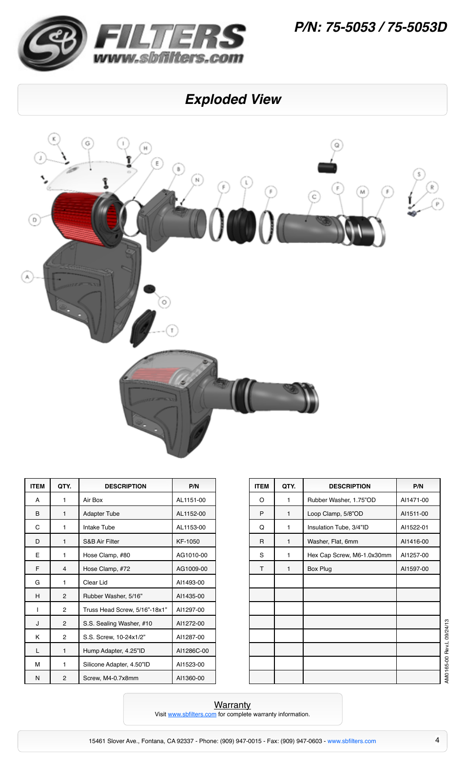 Exploded view, Warranty | S&B Filters Cold Air Intake Kit - Cotton Filter 75-5053 User Manual | Page 4 / 4