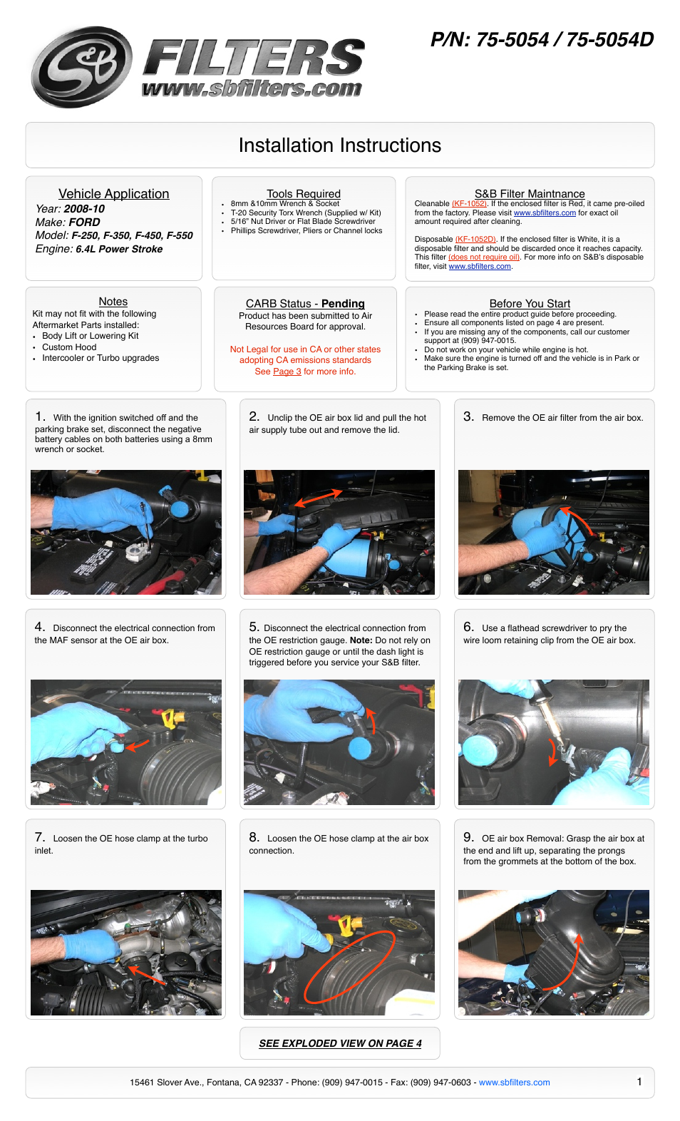 S&B Filters Cold Air Intake Kit - Cotton Filter 75-5054 User Manual | 4 pages