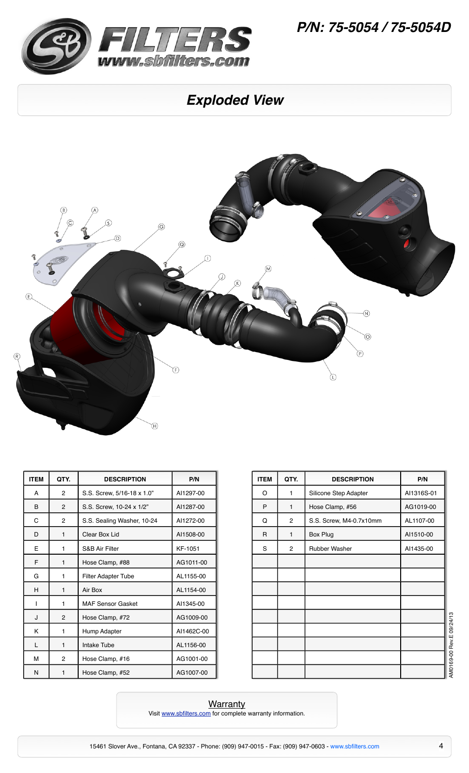 Exploded view, Warranty | S&B Filters Cold Air Intake Kit - Cotton Filter 75-5054 User Manual | Page 4 / 4