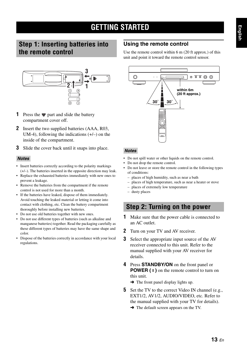 Getting started, Using the remote control, Step 2: turning on the power | Yamaha DVD-S1700 User Manual | Page 17 / 47