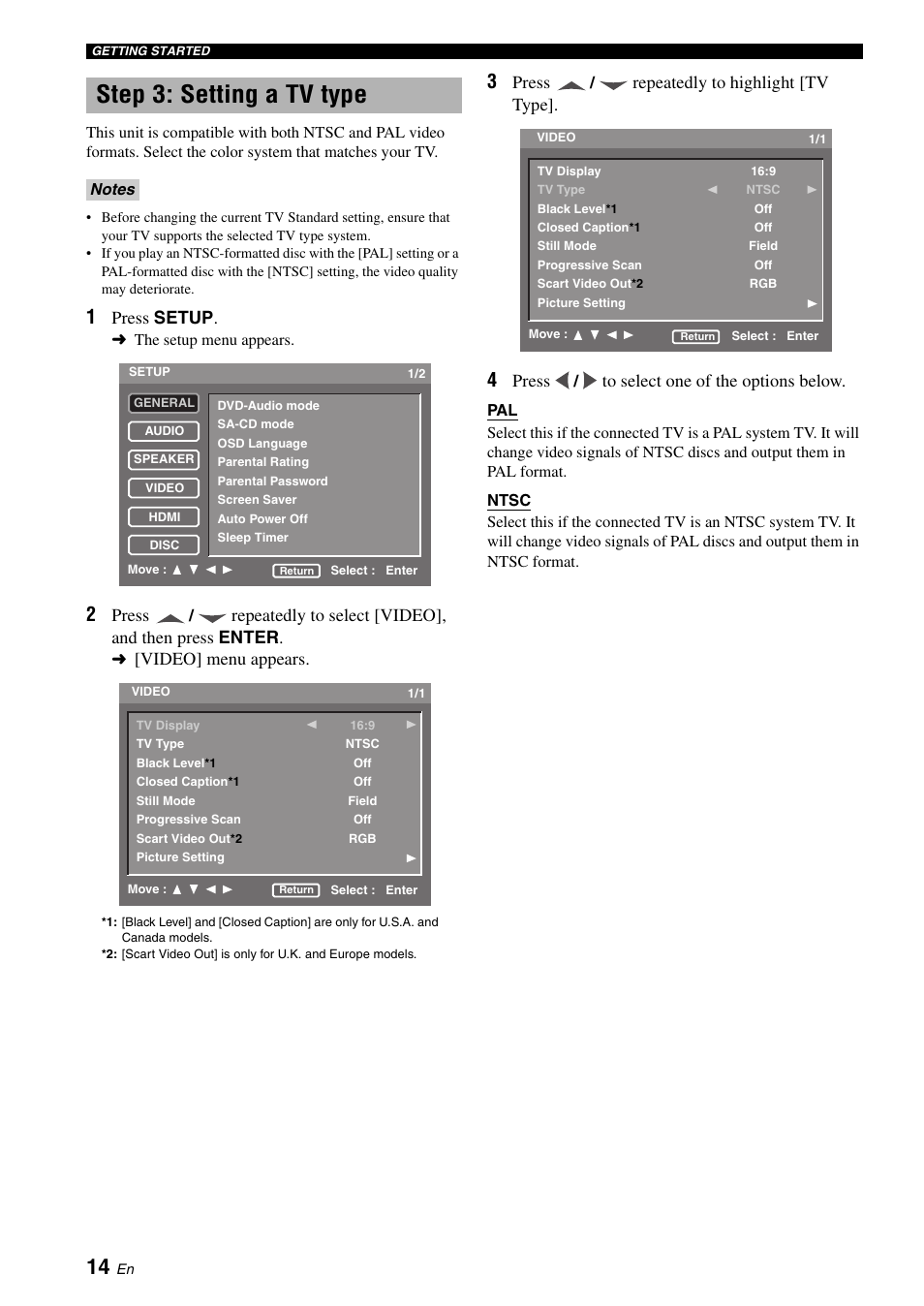 Step 3: setting a tv type, Press setup, Press | Repeatedly to select [video], and then press enter, Video] menu appears, Repeatedly to highlight [tv type | Yamaha DVD-S1700 User Manual | Page 18 / 47