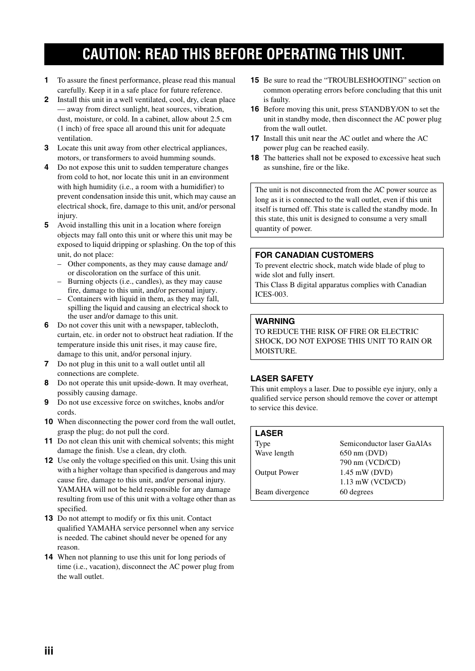 Caution: read this before operating this unit | Yamaha DVD-S1700 User Manual | Page 4 / 47