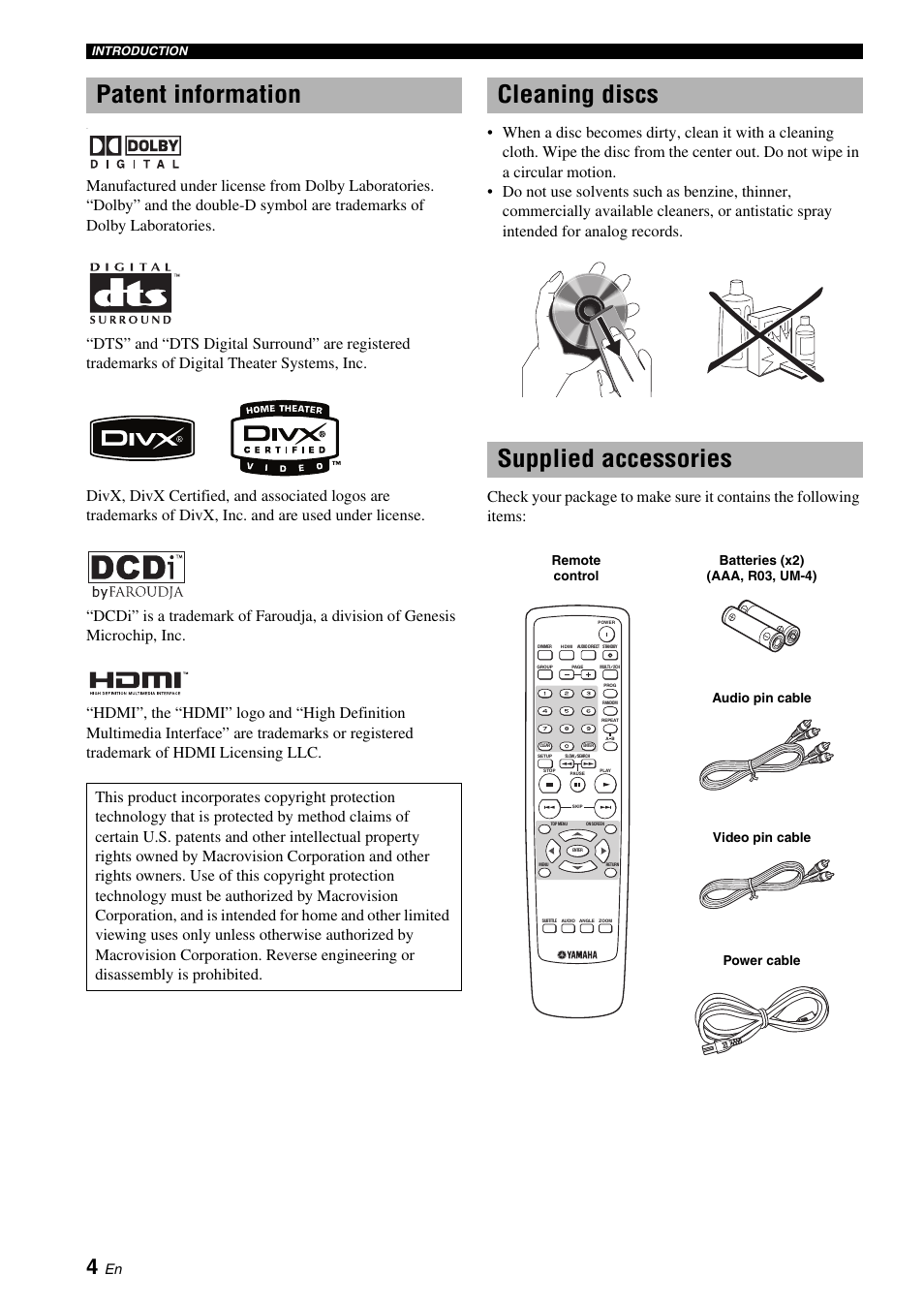Patent information, Cleaning discs, Supplied accessories | Cleaning discs supplied accessories | Yamaha DVD-S1700 User Manual | Page 8 / 47