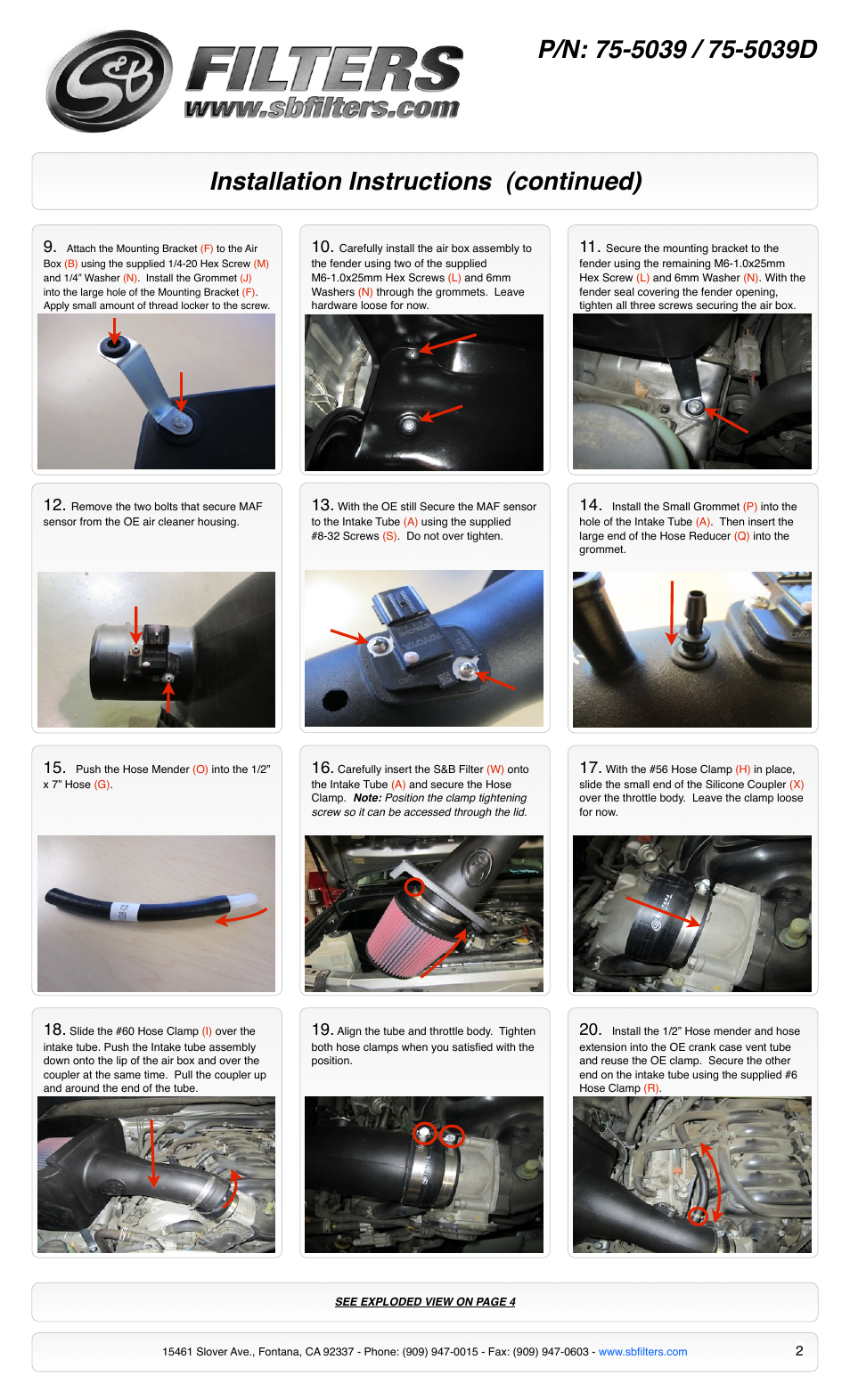 Installation instructions (continued) | S&B Filters Cold Air Intake Kit - Cotton Filter 75-5039 User Manual | Page 2 / 4