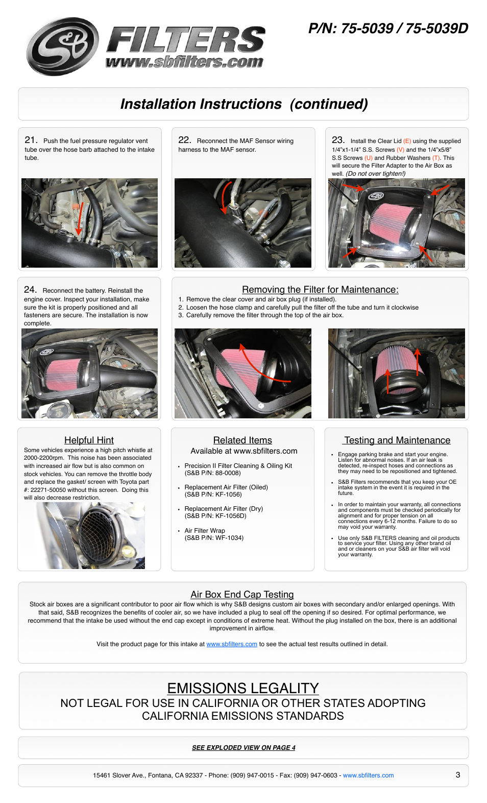 Installation instructions (continued), Emissions legality, Helpful hint | Related items, Air box end cap testing, Removing the filter for maintenance, Testing and maintenance | S&B Filters Cold Air Intake Kit - Cotton Filter 75-5039 User Manual | Page 3 / 4