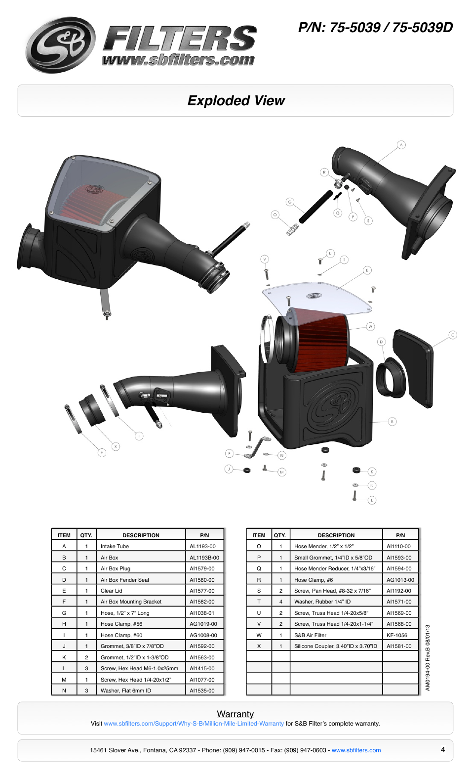 Exploded view, Warranty | S&B Filters Cold Air Intake Kit - Cotton Filter 75-5039 User Manual | Page 4 / 4